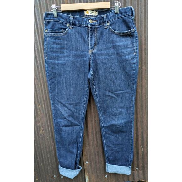 Carhartt Jeans Womens 10 Blue Stretch Rugged Flex Layton Skinny Leg Slim Fit - Picture 1 of 12